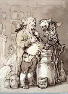 Death as an apothecary’s assistant making up medicines in a jar. Watercolour by T. Rowlandson or one of his followers © Wellcome Library, London